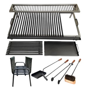 Parrilla de hierro argentino: Parrilla en V de dos niveles con plancha y juego de herramientas