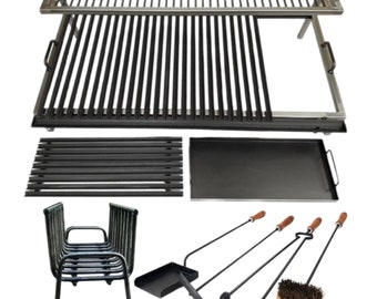 Barbecue Iron Grill - Parrilla de hierro V DE 5/8 X 1/8 2 niveles + Plancha + Set Parrillero + Brasero, Asado Argentino, BBQ, Heavy Duty