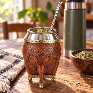 Può includere: Un contenitore per mate in legno marrone con intricati motivi floreali intagliati e una trama a griglia. Il recipiente presenta un bordo in metallo argentato, una fascia decorativa color ottone e tre piccoli piedini in ottone. Una cannuccia bombilla in metallo argentato è inserita nel contenitore, riempito con foglie verdi di yerba mate.