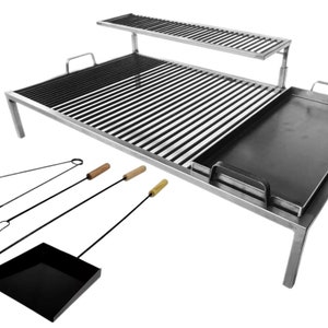 Barbecue Grill + GRATIS: Set Parrillero - Parrilla de hierro 8 mm con dos niveles y Plancha, Asado Argentino, Iron grill, Argentina Grill