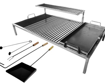 Barbecue Grill + GRATIS: Set Parrillero - Parrilla de hierro 8 mm con dos niveles y Plancha, Asado Argentino, Iron grill, Argentina Grill