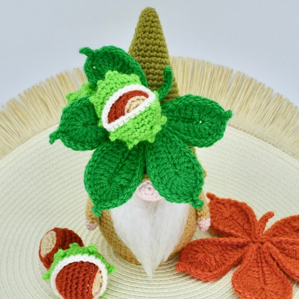 Wzór na szydełkowego krasnala z kasztanowca i liścia, lalka krasna na szydełku, lalka krasna amigurumi, kasztan na szydełku, jesień na szydełku, jesienne kasztany