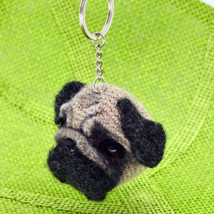Pug Crochet Pattern Keyring, Pug Puppy Dog Amigurumi Pattern Keychain Charm, Crochet Pug Dog Pattern Xmas Tree Decoration