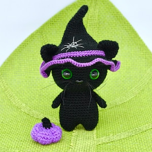 Crochet Halloween Black Cat Pattern, Crochet Cat Amigurumi Pattern, Crochet Kitten in Witch Hat, Crochet Pumpkin, Halloween Kitten