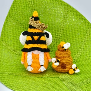 Crochet Gnome Pattern, Crochet Amigurumi Bumble Bee Gnome and Beehive Pattern, Crochet Bee Gnome