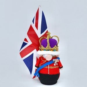 King Charles III Coronation Gnome Crochet Pattern, Charles III Gnome in Ceremony Uniform with Crown Crochet Pattern, British Royal Family