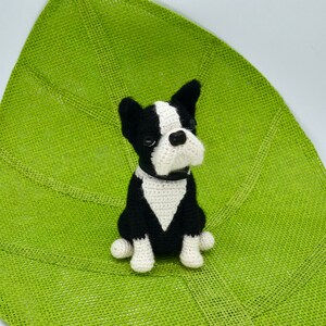 Pu&ograve; includere: Un giocattolo da cane Boston Terrier in crochet nero e bianco seduto su un tappetino verde a forma di foglia.
