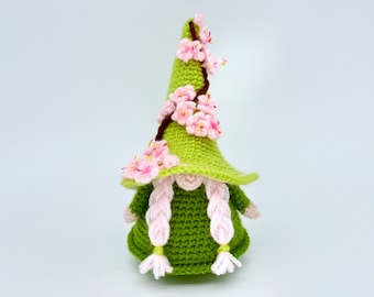 Gnome Crochet Pattern, Spring Sakura Crochet Gnome Pattern, Crochet Gnome in Hat with Cherry Blossom Pattern, Gnome Doll