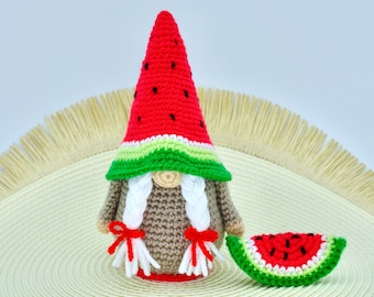 Crochet Gnome, Watermelon Gnome Crochet Pattern, Crochet Gnome Doll, Amigurumi Gnome Doll,  Crochet Watermelon Slice, Crochet Food