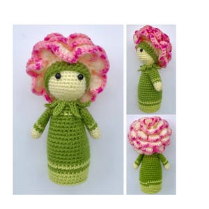 Op de afbeelding: Een gehaakte pop met een roze en witte bloemenhoofd en een groene jurk. De pop staat op een witte achtergrond.
