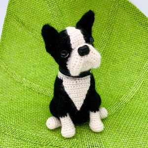 Pu&ograve; includere: Un giocattolo per cani Boston Terrier all'uncinetto, nero e bianco con un collare nero, seduto su una superficie verde intrecciata.