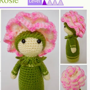 Op de afbeelding: Haakpatroon voor een bloemenpop genaamd Rosie. De pop is 16 cm hoog en gemaakt van groen, cr&egrave;me en roze garen. Het patroon bevat instructies voor het haken van de kop en het lichaam samen, evenals de bloemenhoed.
