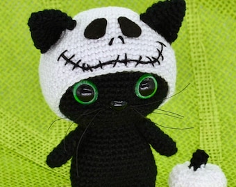 Black Cat Amigurumi Pattern, Crochet Halloween  Black Cat in Jack Skellington Hat Pattern, Crochet Pumpkin, Halloween Cat