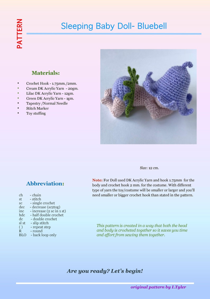 Mönster för virkade sovande babydocka: Blåklocka-outfit (PDF-mönster) bild 4