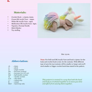 Puede incluir: Un patr&oacute;n de crochet para una mu&ntilde;eca beb&eacute; unicornio durmiendo. La mu&ntilde;eca est&aacute; hecha con hilo crema, blanco y multicolor. El patr&oacute;n incluye instrucciones para tejer a crochet el cuerpo, la cabeza y el cuerno de unicornio de la mu&ntilde;eca. El patr&oacute;n tambi&eacute;n incluye una nota sobre el uso de diferentes hilos y tama&ntilde;os de gancho.