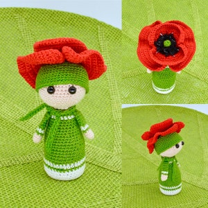 Crochet Pattern Poppy Amigurumi Doll, Crochet Doll - Flower Doll Poppy