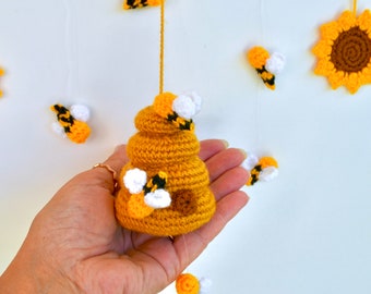 Crochet Bees, Beehive and Sunflower Garland, Amigurumi Bees Bunting, Wall Hanging Sunflowers Crochet Pattern, Nursery Decor, Bees Garland