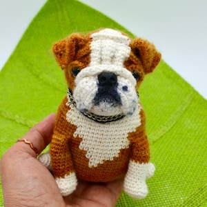 May include: A crocheted bulldog plush toy with brown and white fur, wearing a black collar. The toy is sitting on a green surface.