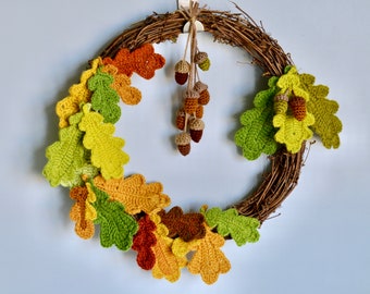 Crochet Oak Leaf, Fall Autumn Garland, Oak Leaves and Acorns Bunting, Wall Hanging Crochet Pattern, Door Wreath Decor