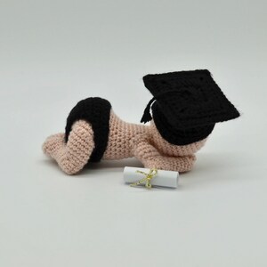 May include: A crocheted baby doll wearing a black graduation cap and a diaper, holding a rolled up diploma.