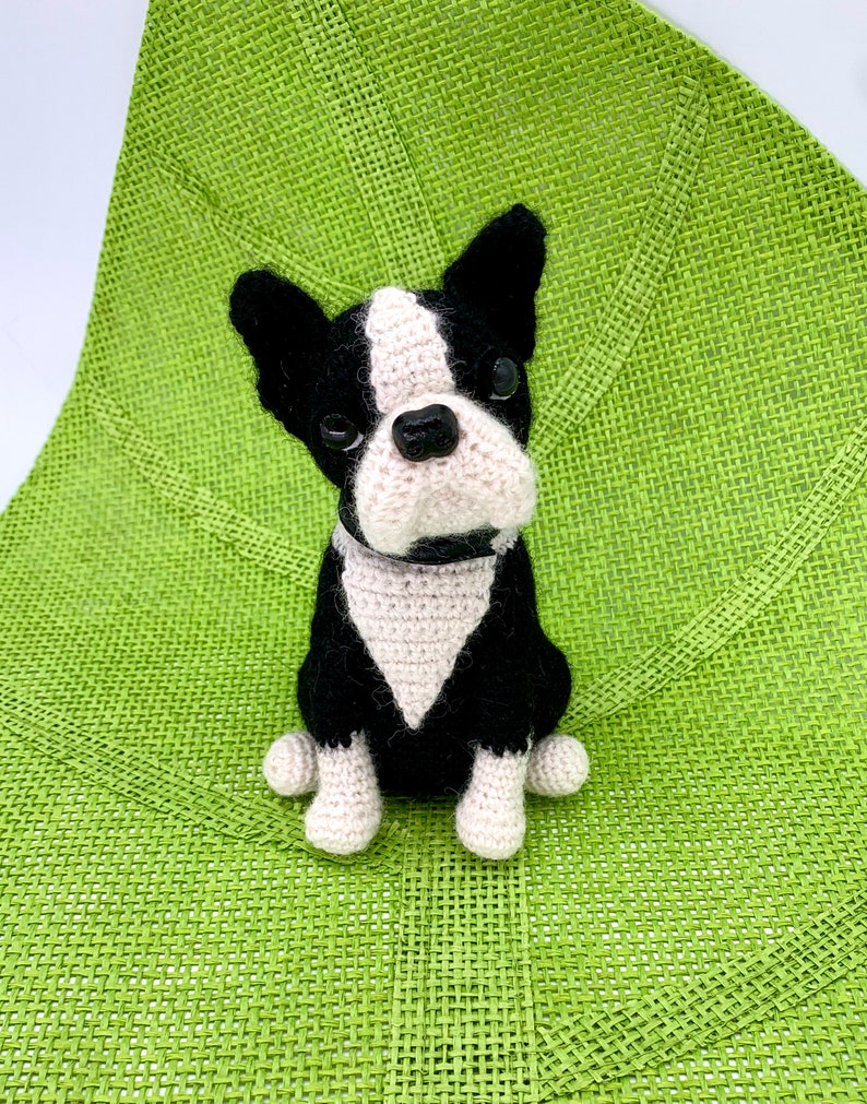Pu&ograve; includere: Un cane Boston Terrier di uncinetto nero e bianco seduto su un tappetino verde intrecciato.