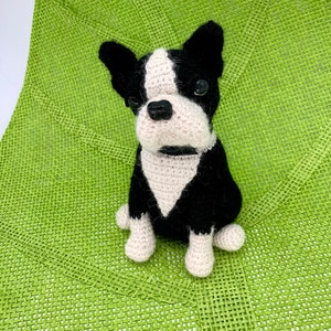 Pu&ograve; includere: Un giocattolo per cani Boston Terrier all'uncinetto con pelo nero e bianco. Il giocattolo &egrave; seduto su una superficie verde intrecciata.
