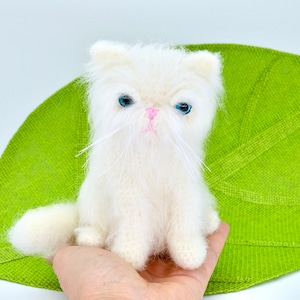 Può includere: Un gatto bianco all'uncinetto con occhi blu e un naso rosa. Il gatto è seduto su una superficie verde.