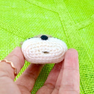 May include: A handmade, crocheted hedgehog head with a beige body, brown ears, and a black nose. The small, round amigurumi is held against a bright green textured background.