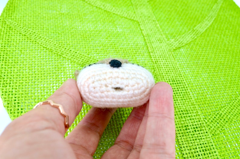 May include: A handmade, crocheted hedgehog head with a beige body, brown ears, and a black nose. The small, round amigurumi is held against a bright green textured background.
