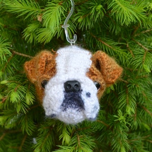 May include: A crocheted bulldog ornament hanging from a green pine tree branch. The bulldog is white with brown ears and a black nose.