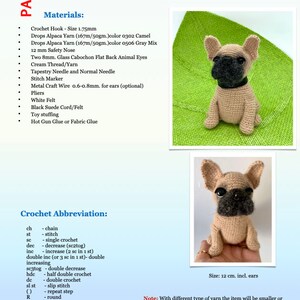 Może przedstawiać: Wz&oacute;r na szydełkowanie pluszowego buldoga francuskiego amigurumi. Wz&oacute;r zawiera instrukcje dotyczące wykonania pluszaka o wysokości 12 cm z wykorzystaniem wł&oacute;czki, szydełka, bezpiecznego nosa, szklanych oczu i filcu. Wz&oacute;r jest napisany w języku angielskim i zawiera listę materiał&oacute;w oraz skr&oacute;t&oacute;w.