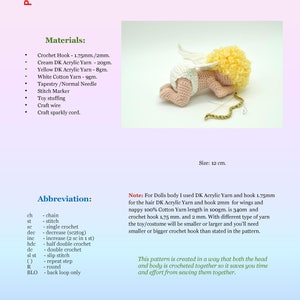 May include: A crochet pattern for a sleeping baby doll angel or cupid. The doll is 12 cm tall and is crocheted in cream, yellow, and white yarn. The pattern includes instructions for crocheting the doll's body, hair, wings, and nappy.