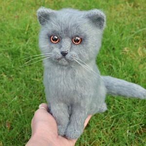 May include: A gray, plush, hand-crafted cat toy with orange eyes. The cat is sitting on a hand, looking directly at the camera.