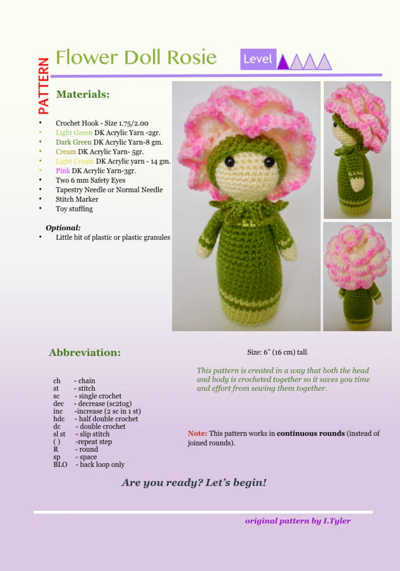 Op de afbeelding: Haakpatroon voor een bloemenpop genaamd Rosie. De pop is 16 cm hoog en gemaakt van groen, cr&egrave;me en roze garen. Het patroon bevat instructies voor het haken van de kop en het lichaam samen, evenals de bloemenhoed.