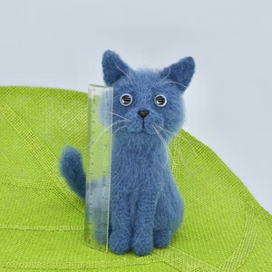 May include: A blue knitted cat toy with white whiskers and large black eyes. The cat is sitting on a green woven mat.