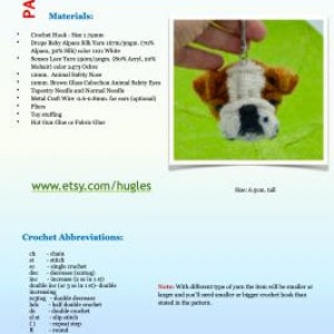 May include: Crochet pattern for an English Bulldog keyring charm or Christmas tree ornament. The pattern includes instructions for crocheting the dog's head, ears, and nose. The pattern is available on Etsy at www.etsy.com/hugles.