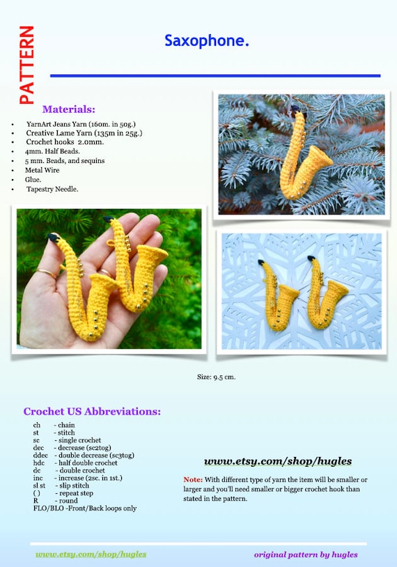 Saxophone Crochet Pattern, Crochet Christmas Ornament Pattern