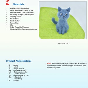 May include: Crochet pattern for a Russian Blue cat amigurumi toy. The pattern includes materials, abbreviations, and instructions. The finished toy is 20 cm tall.