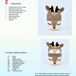 May include: Crochet pattern for a Deer AirPods case. The pattern includes materials like a 1.75 mm crochet hook, white and brown acrylic yarn, and a tapestry needle. The finished case is beige and brown with a deer face design.