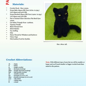 May include: A black crochet cat amigurumi pattern with instructions for making the toy. The pattern includes a list of materials, crochet abbreviations, and a note about yarn size and hook size.