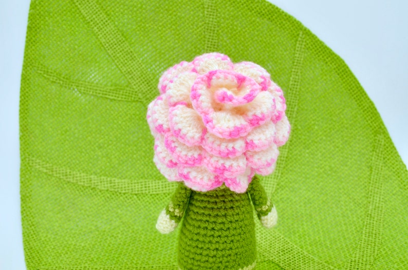 Op de afbeelding: Een gehaakte pop met een roze en witte bloemenhoofd en een groene jurk.