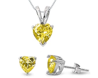 Yellow Topaz Jewelry Set, Simulated Yellow Topaz  Heart CZ Necklace and Earrings Set, Personalize Birthday Gift or Bridal Gifts