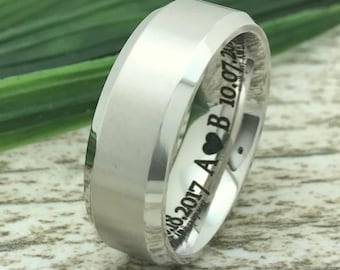 8mm Titanium Ring, Engraved Date Ring, Couples Names Ring, Roman Numeral Ring, Coordinates Ring, Couple Promise Ring, Wife Name Ring