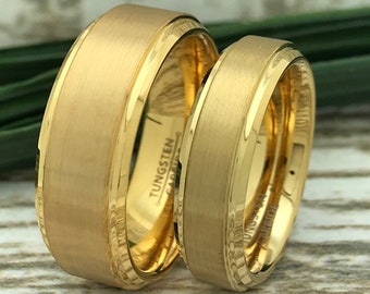 8mm/6mm Gold Plated Titanium Rings, His and Her Ring Set, Engraved Date Rings, Couples Ring Set, Couples Names Rings, Matching Couple Ring