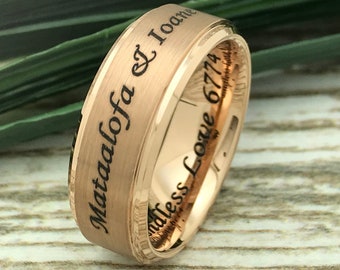 8mm Rose Gold Plated Tungsten Ring, Engraved Date Ring, Couples Names Ring, Roman Numeral Ring, Coordinates Ring, Couple Promise Ring