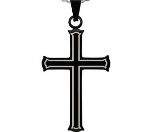 Black Cross Necklace Men's Cross Necklace,Black IP Plated Stainless Steel Cross Necklace IN 24"Curb Chain, Religious Jewelry for Men & Women