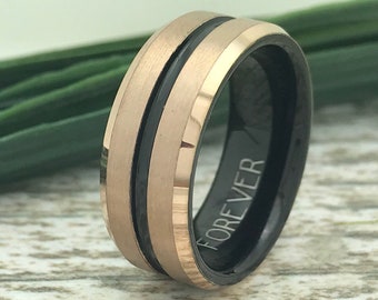 8mm Rose Gold Tungsten Ring,  Engraved Wedding Date Ring, Roman Numeral Ring, Coordinates Ring, Custom Promise Ring for Him, Wife Name Ring