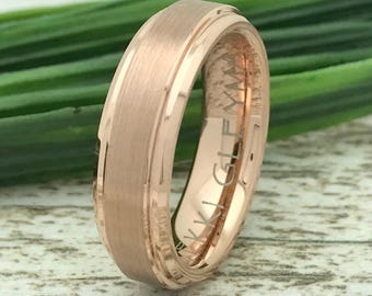 6mm Tungsten Wedding Ring, Personalized Engrave Rose Gold Plated Tungsten Ring, Comfort Fit,Brushed Finish,Step Edge TCR170