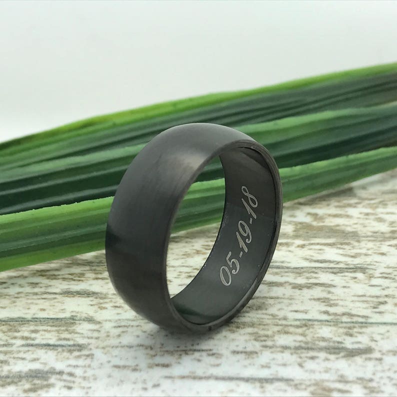 Roman Numeral Ring 8mm Black Tungsten Ring Coordinates Ring Engraved Wedding Date Ring Initial Ring for Her Custom Promise Ring for Him