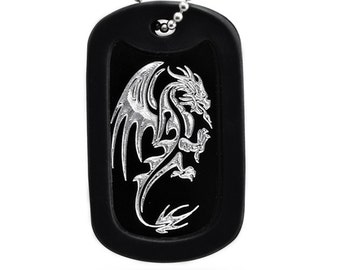 Dragon Necklace, Personalized Aluminum Dog Tag Necklace with Engraved Dragon Design, Dog Tag Necklace Made in USA 24 Inches